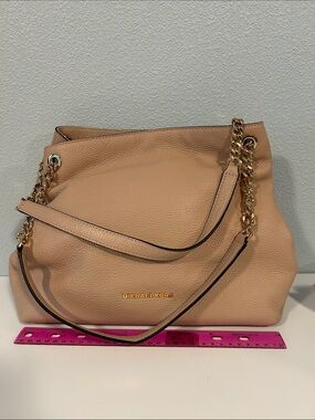 Michael Kors Pebbled Leather Shoulder Tote in Beige with Gold Chain